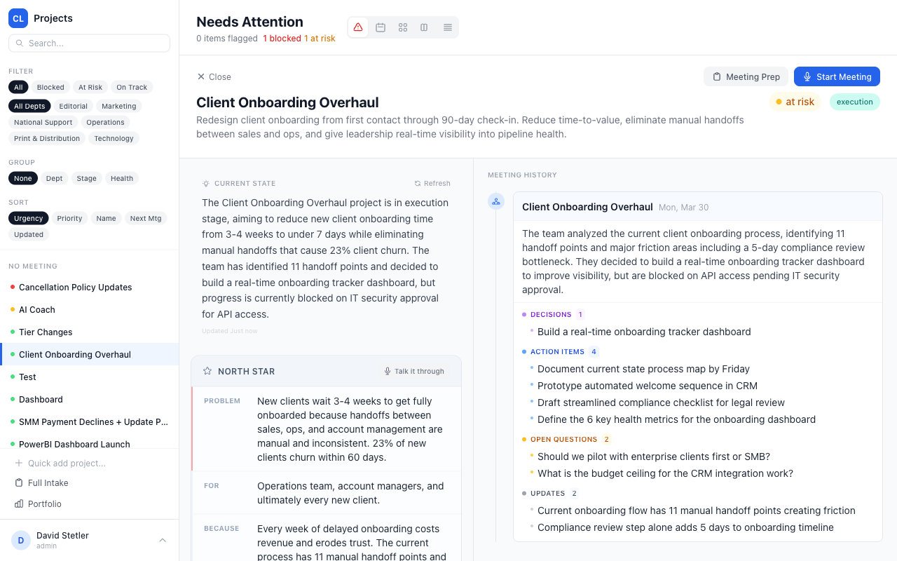 Project detail with AI-extracted decisions and action items